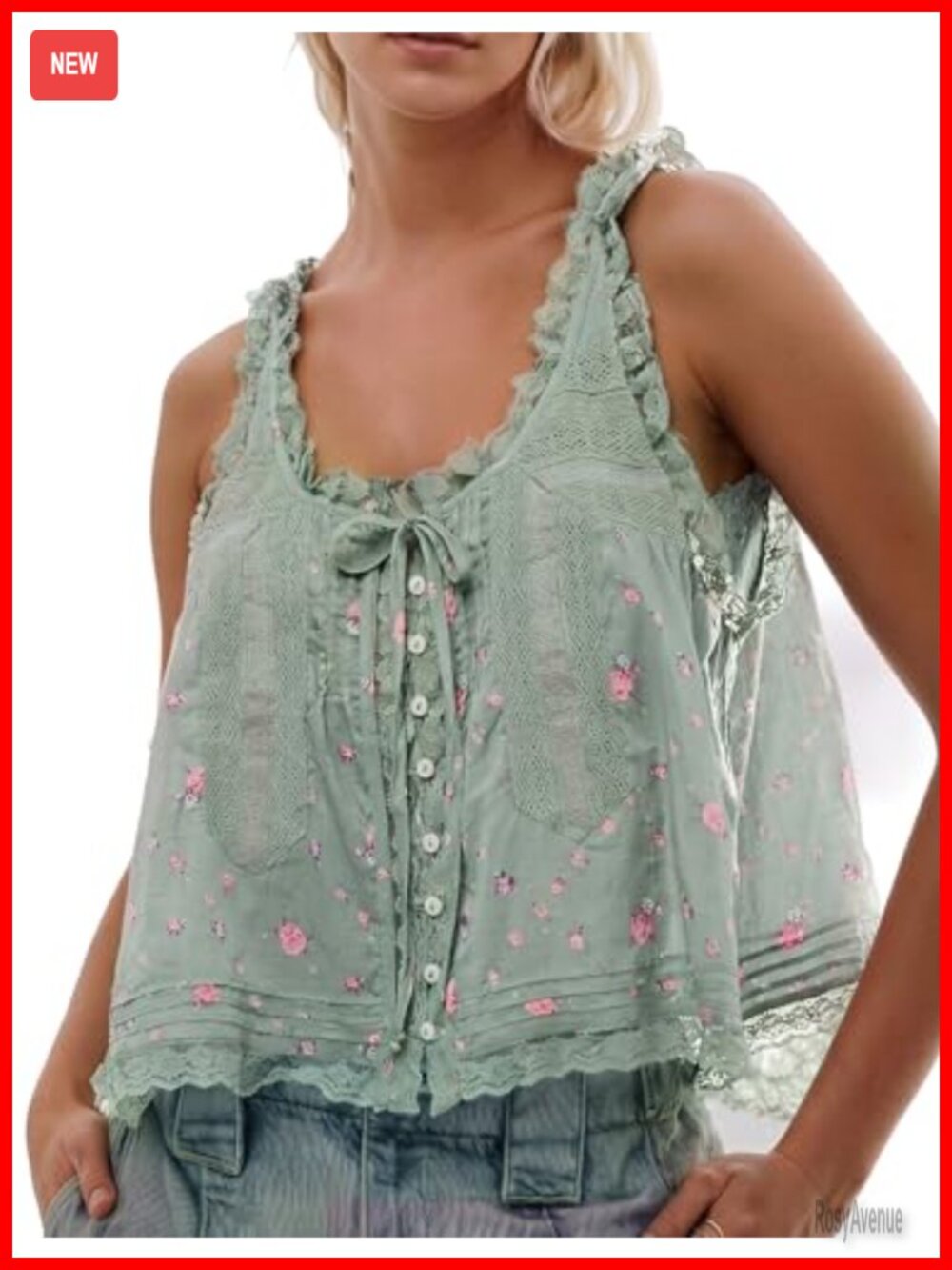 Women Boho Lace Tie Front Tank Top Sleeveless Cotton Vacation